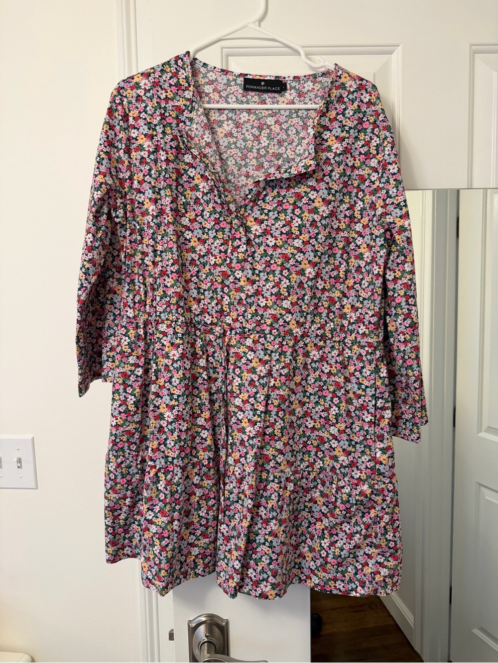 Pomander Place Black Floral Mini Dress with Pink, White, Yellow, Green Accents